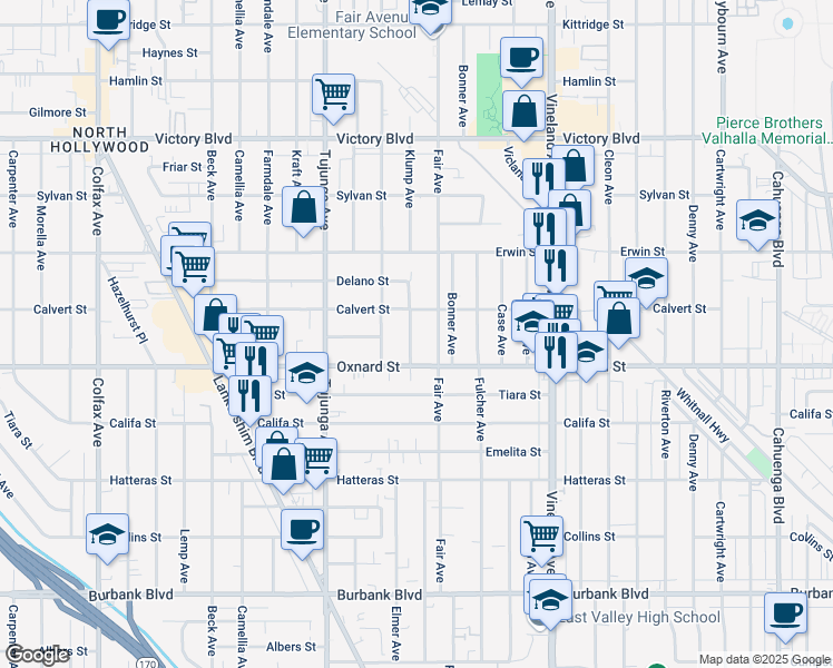 map of restaurants, bars, coffee shops, grocery stores, and more near 6032 Klump Avenue in Los Angeles