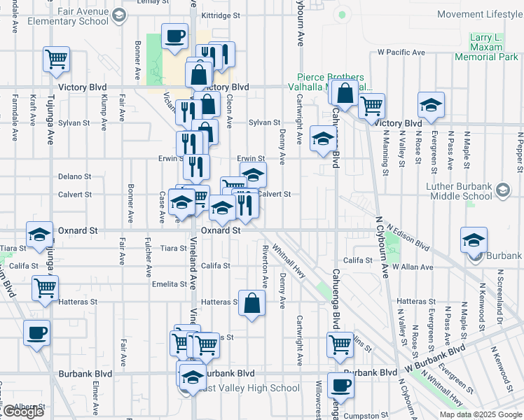 map of restaurants, bars, coffee shops, grocery stores, and more near 6059 Riverton Avenue in Los Angeles
