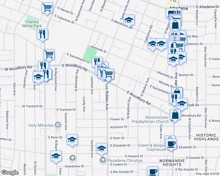 map of restaurants, bars, coffee shops, grocery stores, and more near 2010 North Los Robles Avenue in Pasadena