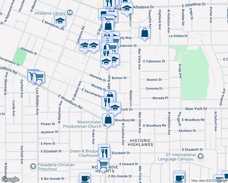map of restaurants, bars, coffee shops, grocery stores, and more near 931 Morada Place in Altadena