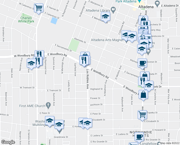 map of restaurants, bars, coffee shops, grocery stores, and more near 2010 North Los Robles Avenue in Pasadena