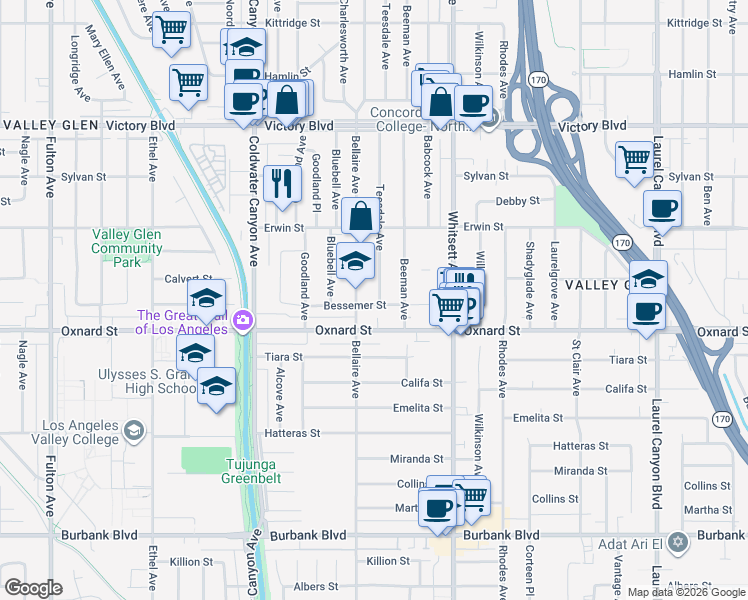 map of restaurants, bars, coffee shops, grocery stores, and more near 6033 Teesdale Avenue in Los Angeles