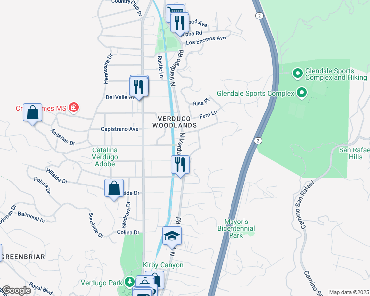 map of restaurants, bars, coffee shops, grocery stores, and more near 1800 Coro Terrace in Glendale