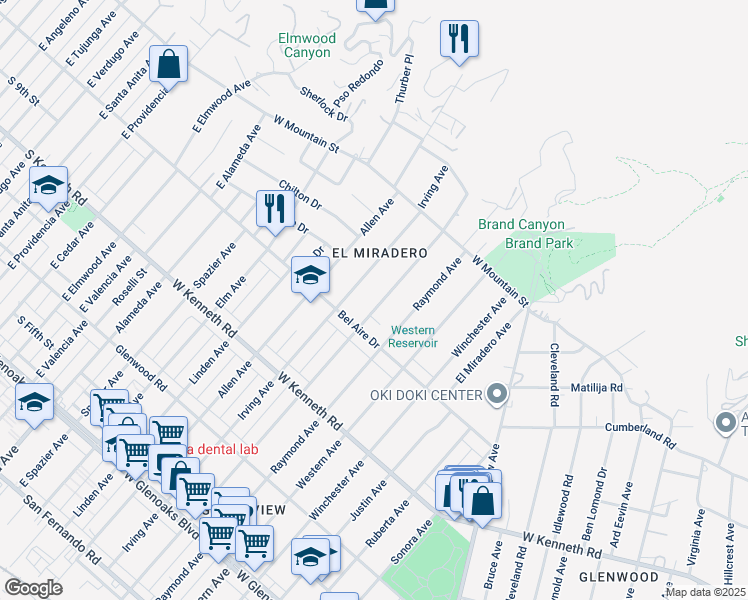 map of restaurants, bars, coffee shops, grocery stores, and more near 1429 Thompson Avenue in Glendale