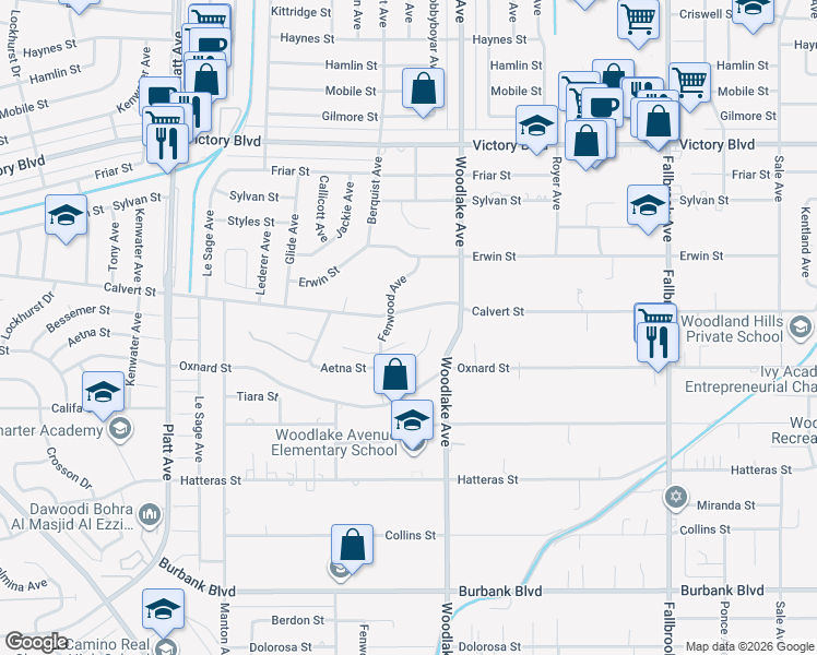 map of restaurants, bars, coffee shops, grocery stores, and more near 23264 Calvert Street in Los Angeles