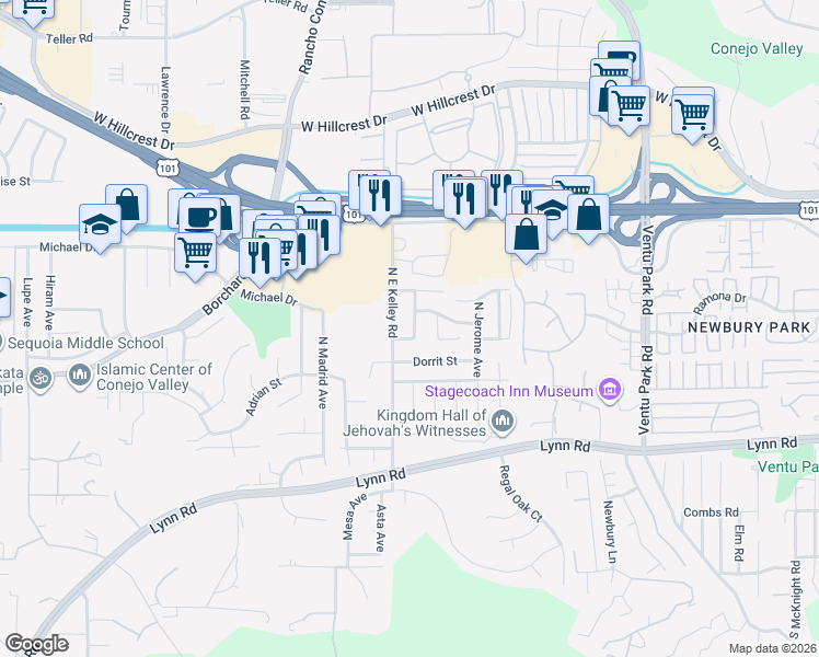 map of restaurants, bars, coffee shops, grocery stores, and more near 175 Donegal Avenue in Thousand Oaks