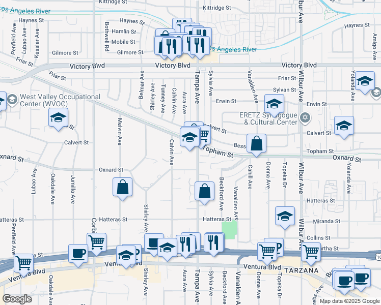 map of restaurants, bars, coffee shops, grocery stores, and more near 6043 Tampa Avenue in Los Angeles