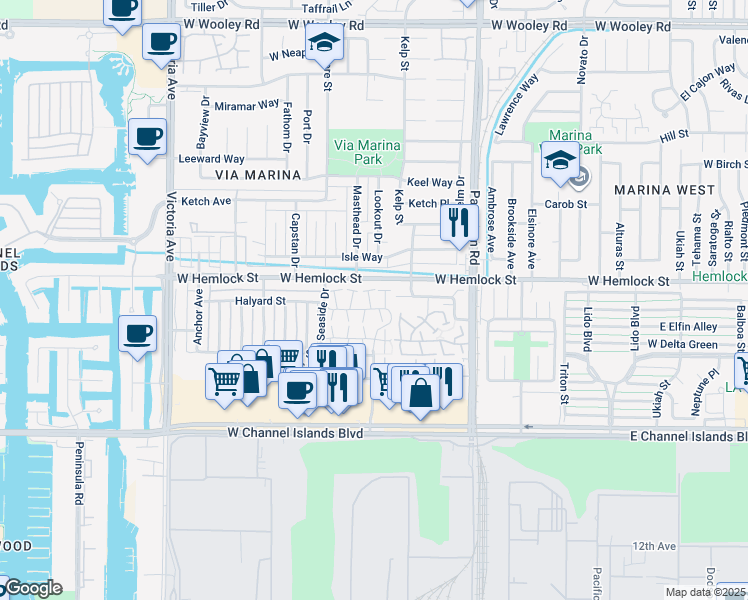 map of restaurants, bars, coffee shops, grocery stores, and more near 2648 Foghorn Cove in Port Hueneme