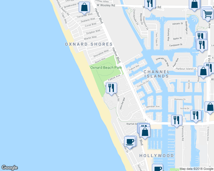 map of restaurants, bars, coffee shops, grocery stores, and more near 1961 San Sebastian Drive in Oxnard