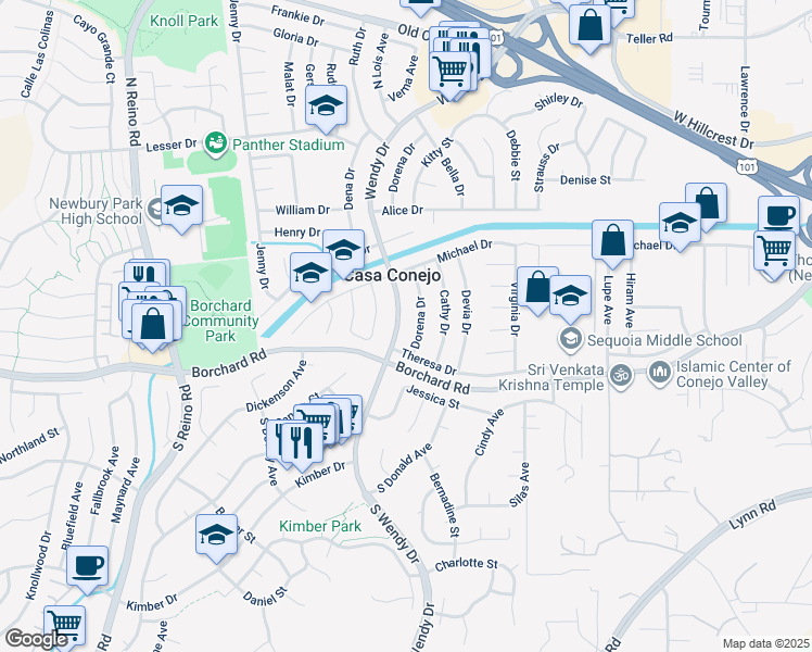 map of restaurants, bars, coffee shops, grocery stores, and more near 174 Wendy Drive in Thousand Oaks