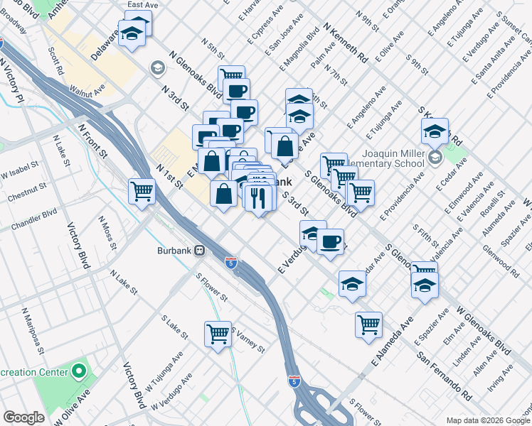 map of restaurants, bars, coffee shops, grocery stores, and more near 150 South San Fernando Boulevard in Burbank