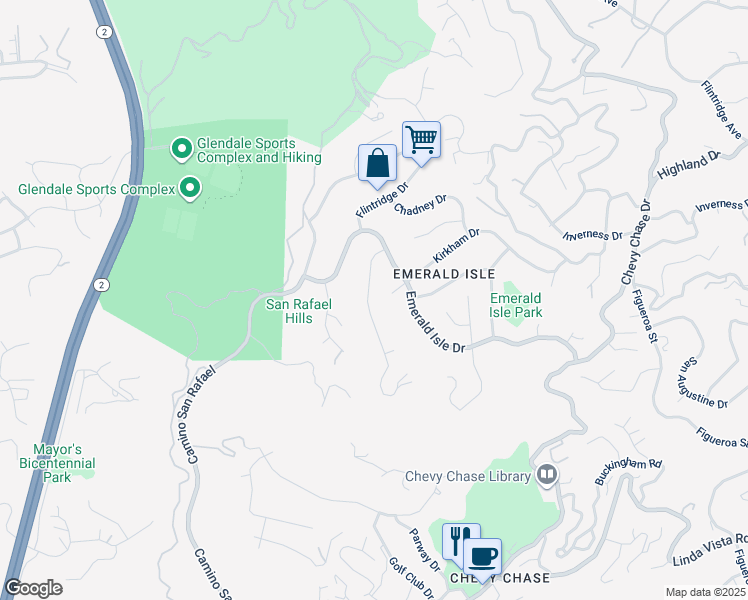 map of restaurants, bars, coffee shops, grocery stores, and more near 2066 Erin Way in Glendale