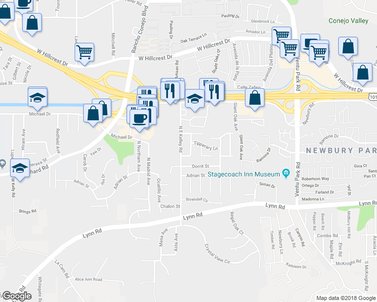 map of restaurants, bars, coffee shops, grocery stores, and more near 175 Donegal Avenue in Thousand Oaks