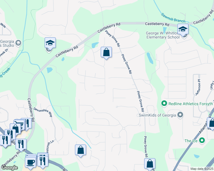 map of restaurants, bars, coffee shops, grocery stores, and more near 5245 Kings Common Way in Cumming