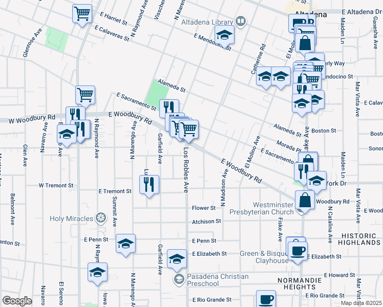 map of restaurants, bars, coffee shops, grocery stores, and more near 2010 North Los Robles Avenue in Pasadena