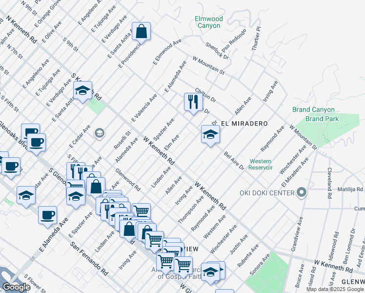 map of restaurants, bars, coffee shops, grocery stores, and more near 1341 Linden Avenue in Glendale