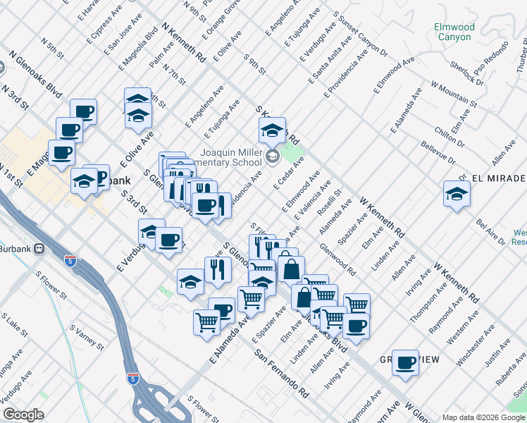 map of restaurants, bars, coffee shops, grocery stores, and more near 533 East Elmwood Avenue in Burbank