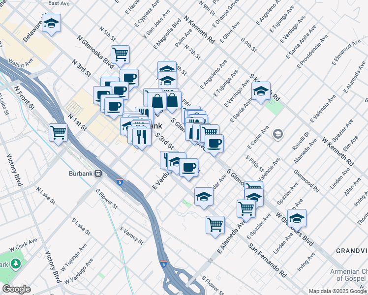 map of restaurants, bars, coffee shops, grocery stores, and more near 300 East Tujunga Avenue in Burbank