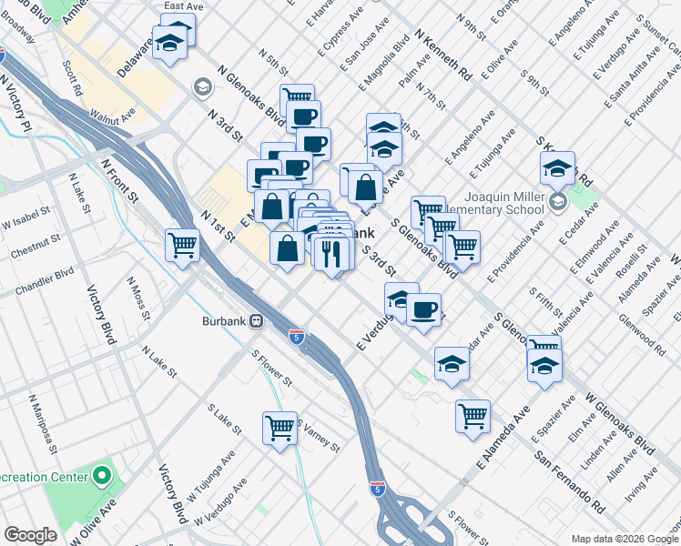 map of restaurants, bars, coffee shops, grocery stores, and more near 150 South San Fernando Boulevard in Burbank