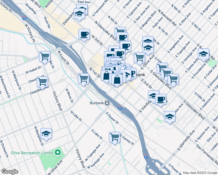 map of restaurants, bars, coffee shops, grocery stores, and more near 110 East Orange Grove Avenue in Burbank
