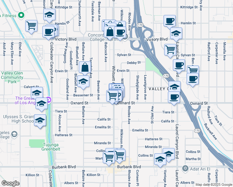 map of restaurants, bars, coffee shops, grocery stores, and more near 6039 Whitsett Avenue in Los Angeles