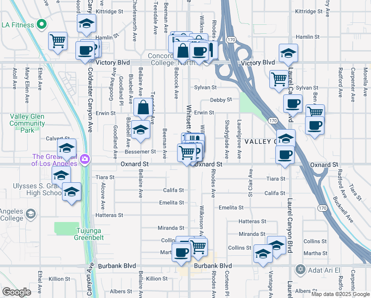 map of restaurants, bars, coffee shops, grocery stores, and more near 6039 Whitsett Avenue in Los Angeles