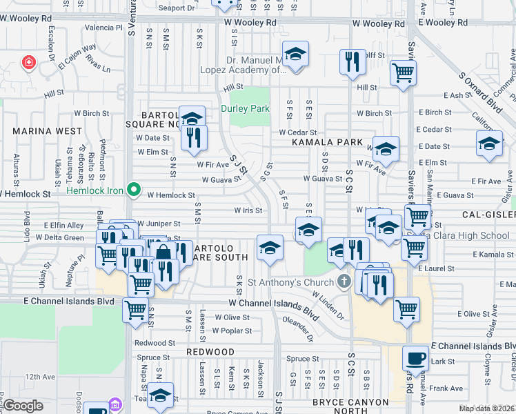 map of restaurants, bars, coffee shops, grocery stores, and more near 2048 South K Street in Oxnard