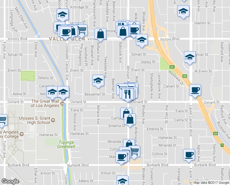 map of restaurants, bars, coffee shops, grocery stores, and more near 12543 Bessemer Street in Los Angeles
