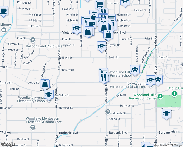 map of restaurants, bars, coffee shops, grocery stores, and more near 22914 Calvert Street in Los Angeles