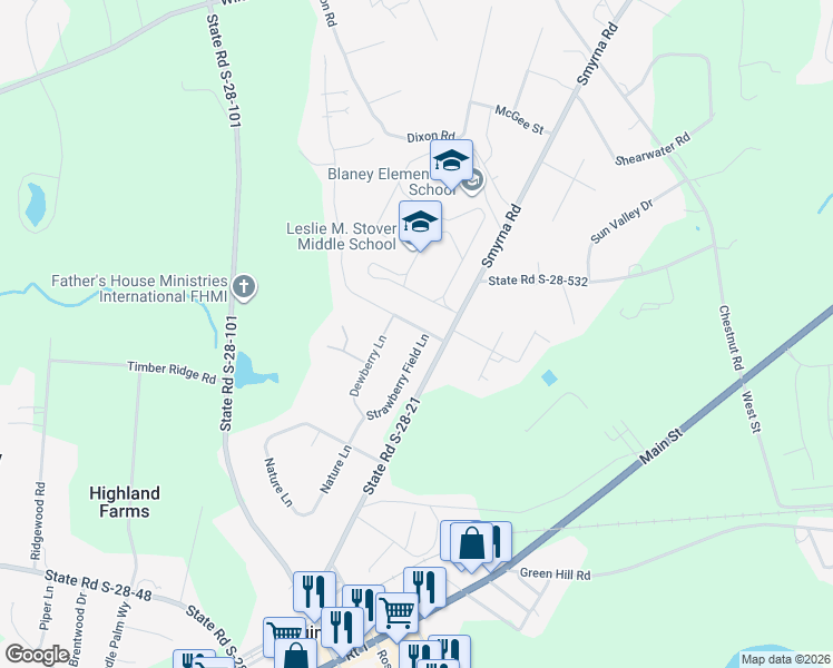 map of restaurants, bars, coffee shops, grocery stores, and more near 2 Strawberry Field Lane in Elgin