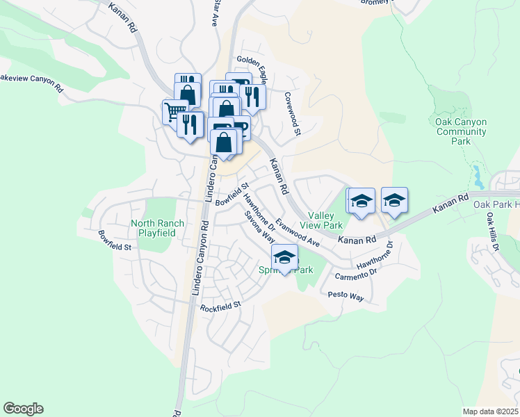 map of restaurants, bars, coffee shops, grocery stores, and more near 5042 Evanwood Avenue in Oak Park