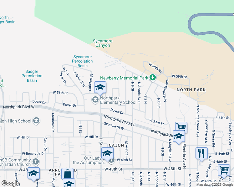 map of restaurants, bars, coffee shops, grocery stores, and more near 5604 North Berkeley Street in San Bernardino