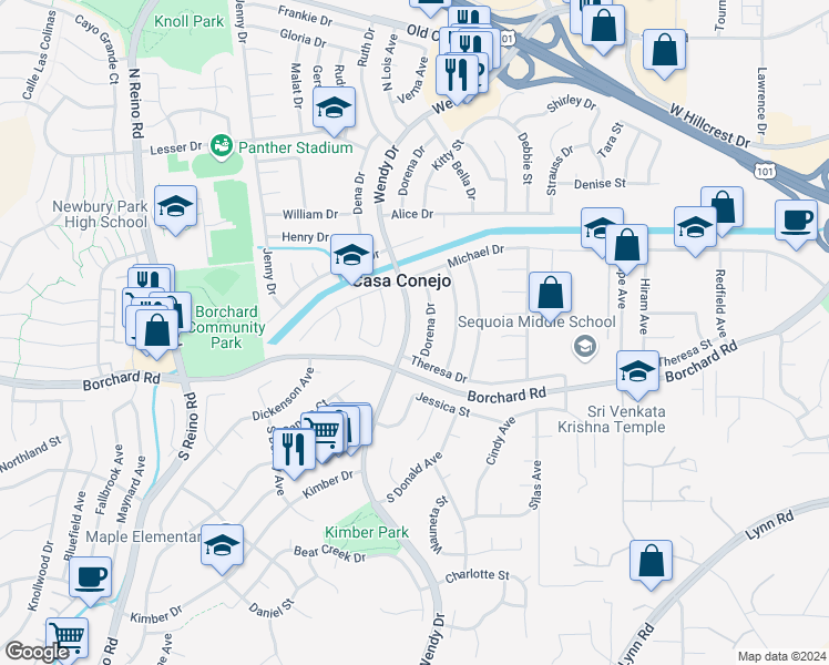 map of restaurants, bars, coffee shops, grocery stores, and more near 174 Wendy Drive in Thousand Oaks