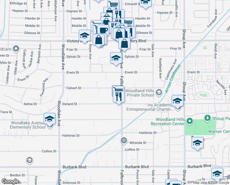 map of restaurants, bars, coffee shops, grocery stores, and more near 22824 Calvert Street in Los Angeles