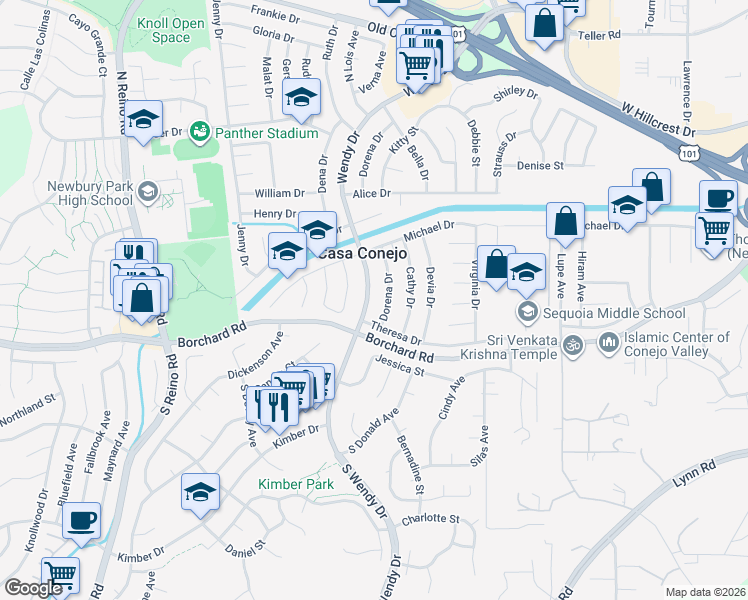 map of restaurants, bars, coffee shops, grocery stores, and more near 174 Wendy Drive in Thousand Oaks