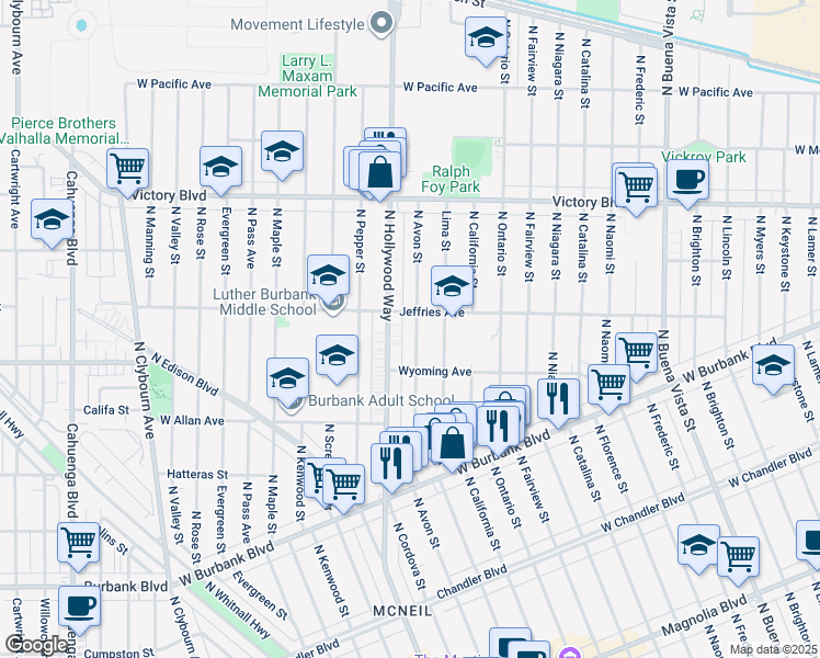 map of restaurants, bars, coffee shops, grocery stores, and more near 1637 North Avon Street in Burbank