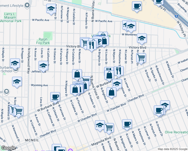 map of restaurants, bars, coffee shops, grocery stores, and more near 1332 North Buena Vista Street in Burbank