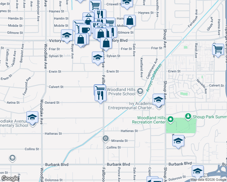 map of restaurants, bars, coffee shops, grocery stores, and more near 22722 Calvert Street in Los Angeles