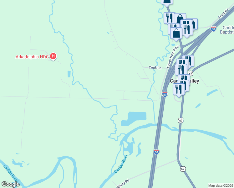map of restaurants, bars, coffee shops, grocery stores, and more near 125 Madden Lane in Caddo Valley