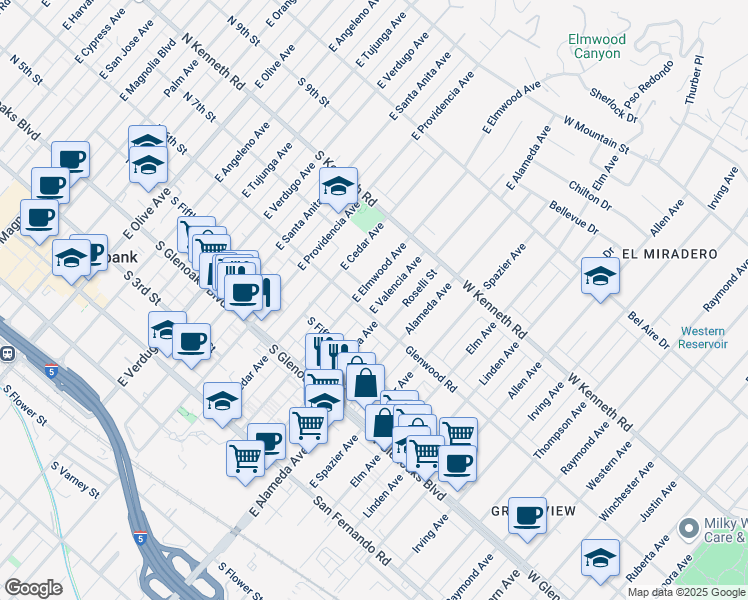 map of restaurants, bars, coffee shops, grocery stores, and more near 611 E Valencia Ave in Burbank