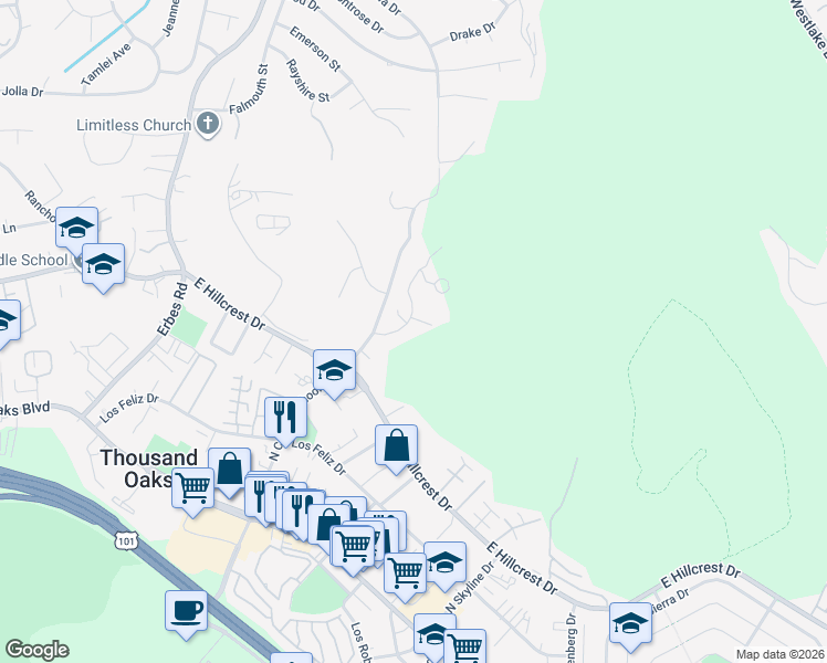 map of restaurants, bars, coffee shops, grocery stores, and more near 2342 Mountain Crest Circle in Thousand Oaks