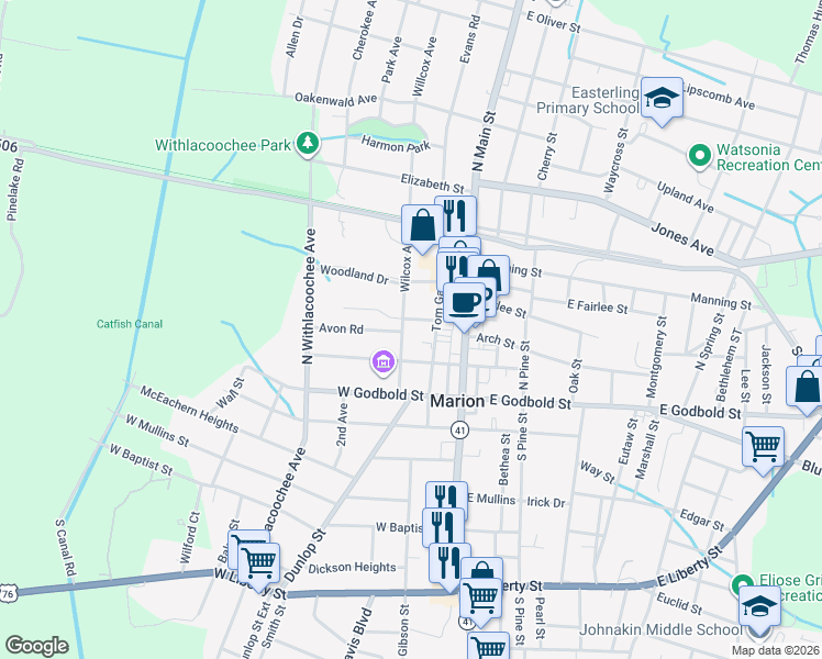 map of restaurants, bars, coffee shops, grocery stores, and more near 212 Wilcox Avenue in Marion