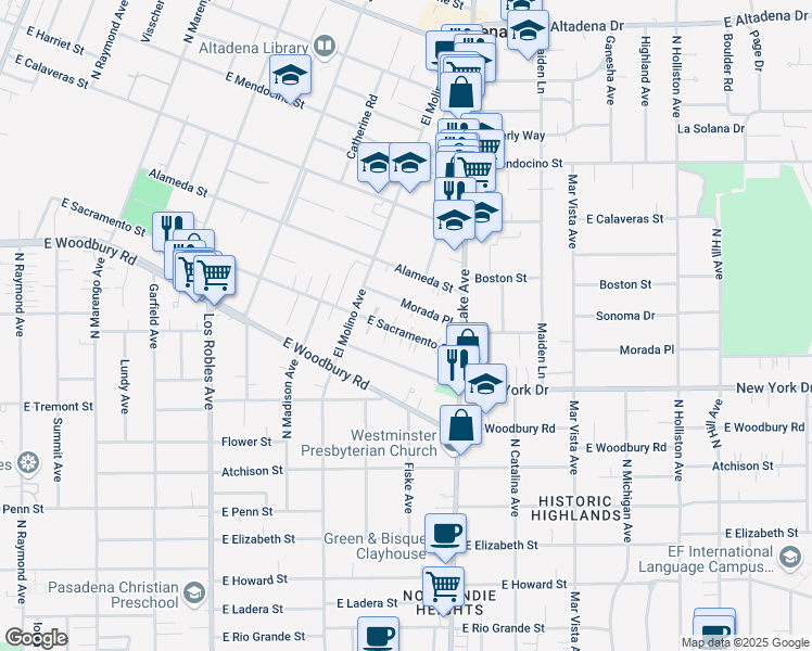 map of restaurants, bars, coffee shops, grocery stores, and more near 801 East Sacramento Street in Altadena