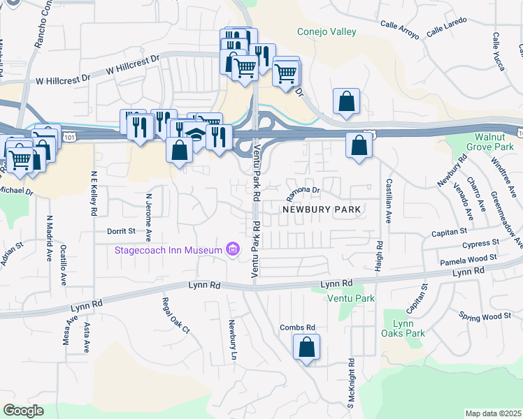 map of restaurants, bars, coffee shops, grocery stores, and more near 1457 Ramona Drive in Thousand Oaks