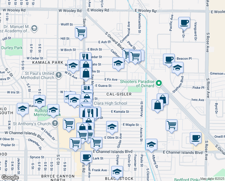 map of restaurants, bars, coffee shops, grocery stores, and more near 353 East Hemlock Street in Oxnard