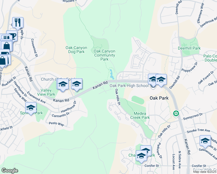 map of restaurants, bars, coffee shops, grocery stores, and more near 513 Water Oak Lane in Oak Park