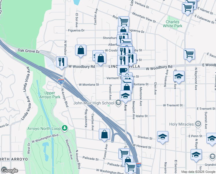map of restaurants, bars, coffee shops, grocery stores, and more near 554 West Montana Street in Pasadena