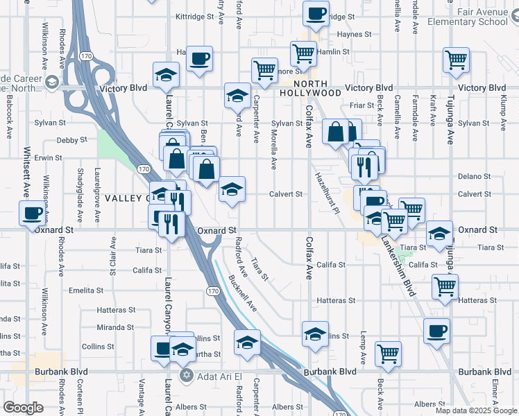 map of restaurants, bars, coffee shops, grocery stores, and more near 6041 Morella Avenue in Los Angeles