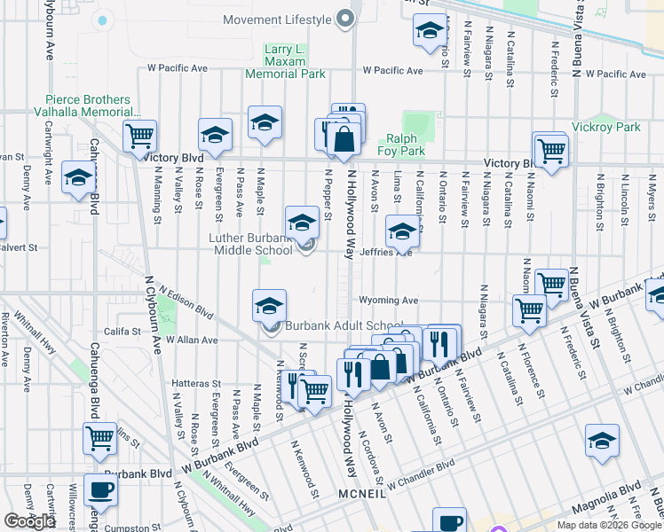 map of restaurants, bars, coffee shops, grocery stores, and more near 1736 North Pepper Street in Burbank