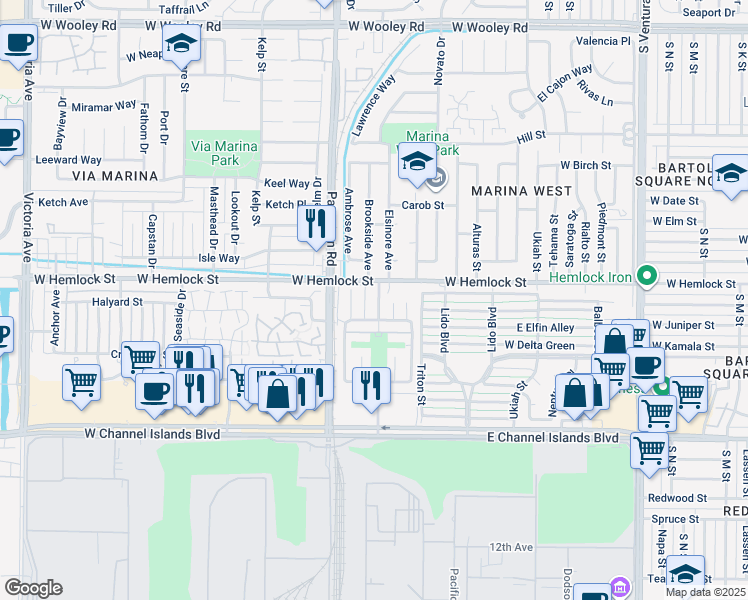 map of restaurants, bars, coffee shops, grocery stores, and more near 2765 Bolker Drive in Port Hueneme